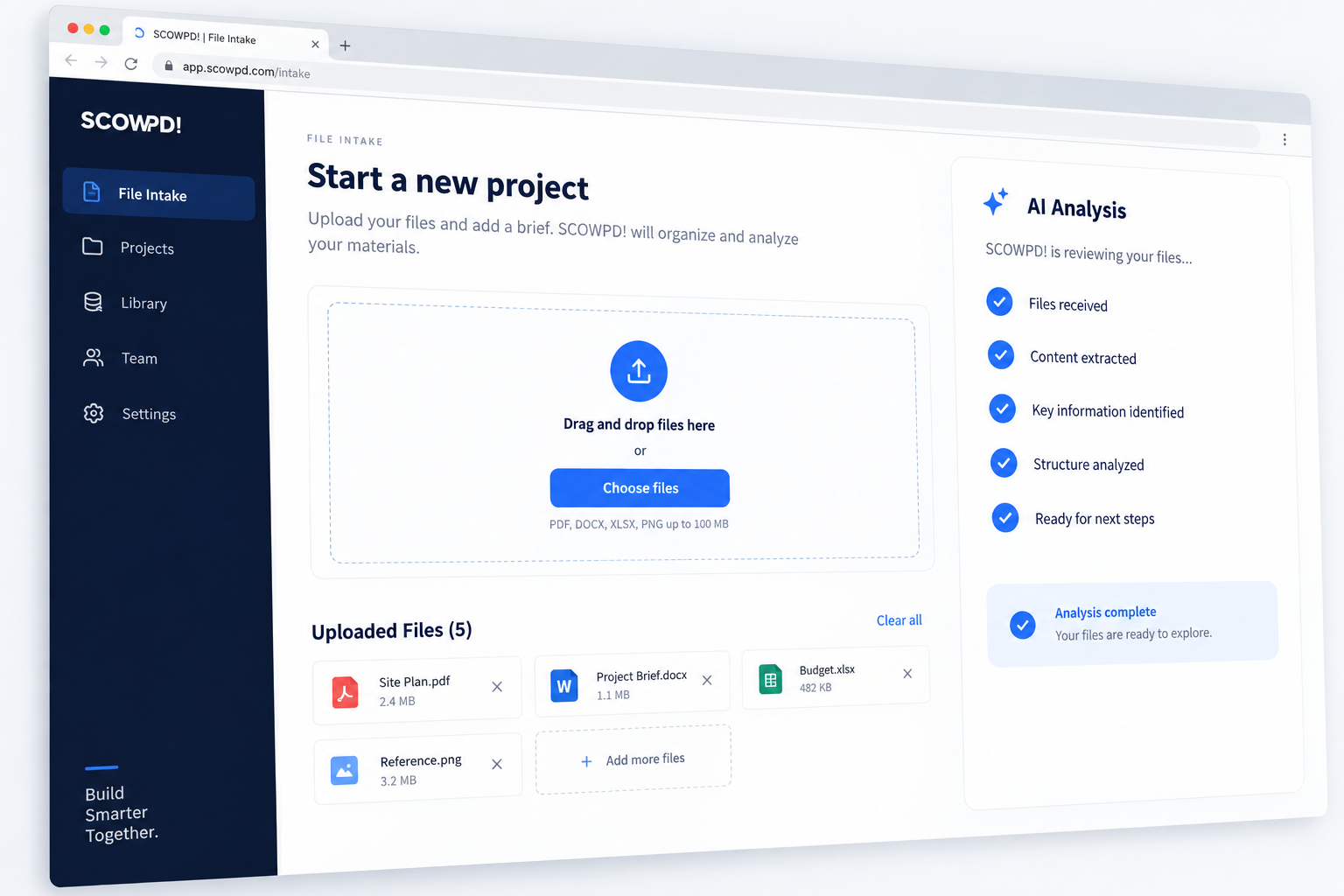 SCOWPD workspace showing client file uploads and AI scope analysis